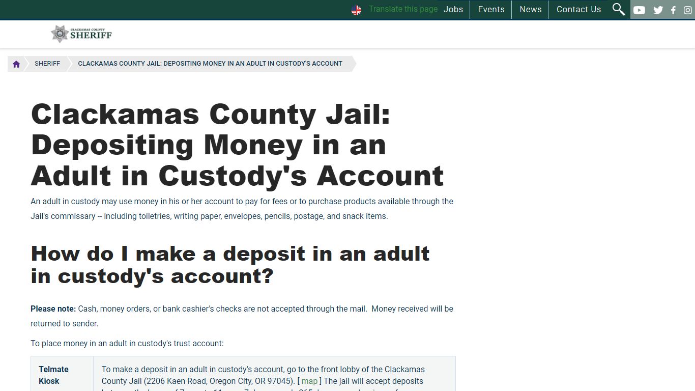 Clackamas County Jail: Depositing Money in an Adult in Custody's ...